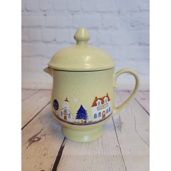 Vintage stoneware coffee cream pourer Firehouse No 2 countryside scene with lid - Picture 2 of 4